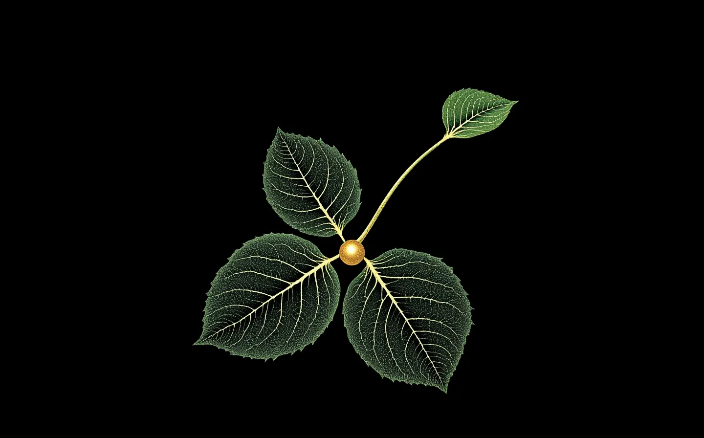 Botanical specimen plate of a three-leaflet sprig with a single gold copper-node at its center and green vein-lattice leaves on a forest-black ground